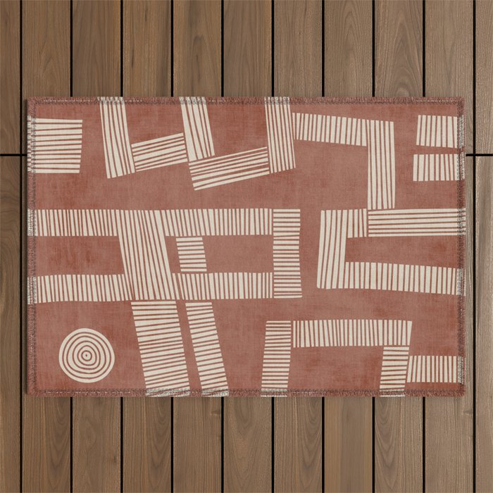 Terracotta Cream Digital Linocut Boho Artwork Outdoor Rug Gallery Image 1