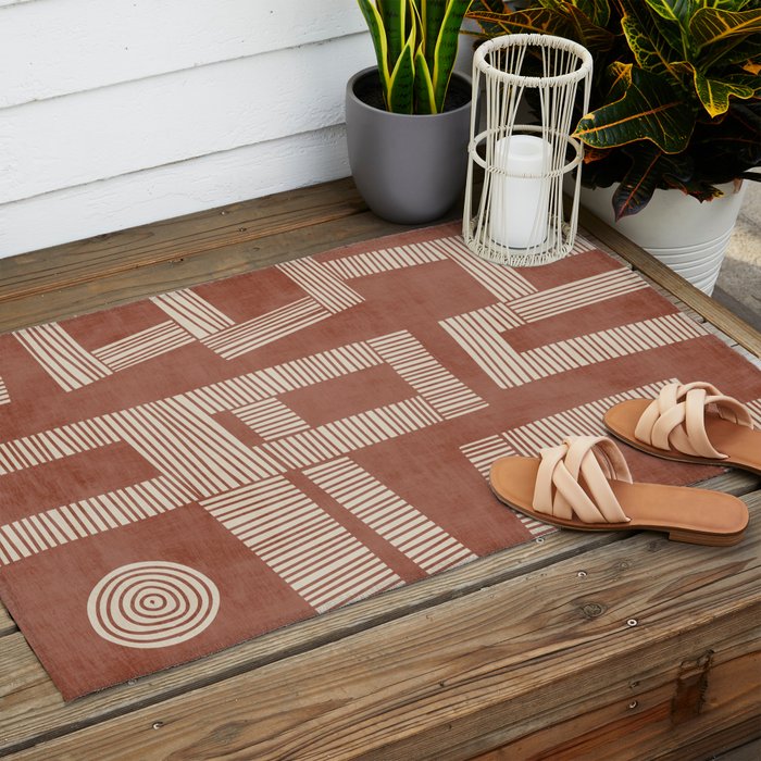 Terracotta Cream Digital Linocut Boho Artwork Outdoor Rug Gallery Image 2