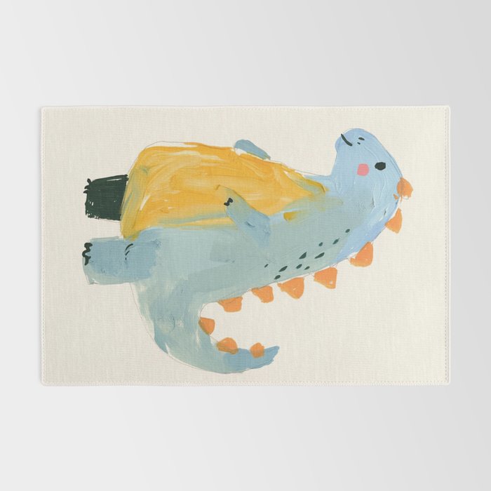 Whimsical Blue Dinosaur Art for Kids Playful Hand-Painted Animal Rug Gallery Image 2