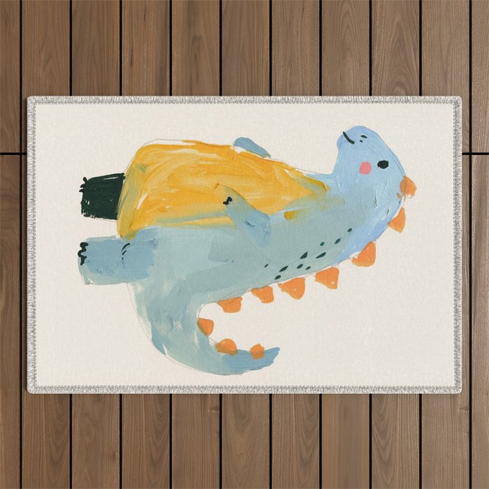 Whimsical Blue Dinosaur Art for Kids Playful Hand-Painted Animal Outdoor Rug Gallery Image 1