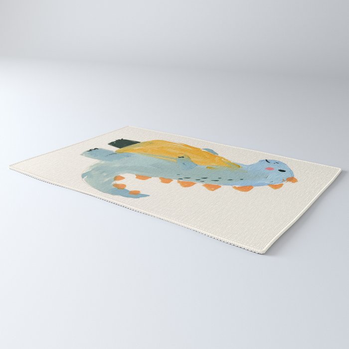 Whimsical Blue Dinosaur Art for Kids Playful Hand-Painted Animal Rug Gallery Image 3