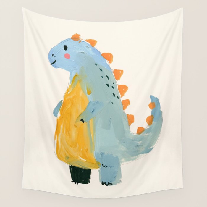 Whimsical Blue Dinosaur Art for Kids Playful Hand-Painted Animal Wall Tapestry Gallery Image 4