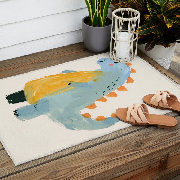 Whimsical Blue Dinosaur Art for Kids Playful Hand-Painted Animal Outdoor Rug Gallery Image 2