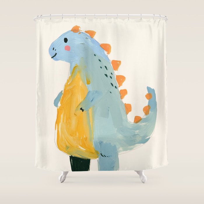 Whimsical Blue Dinosaur Art for Kids Playful Hand-Painted Animal Shower Curtain Gallery Image 1