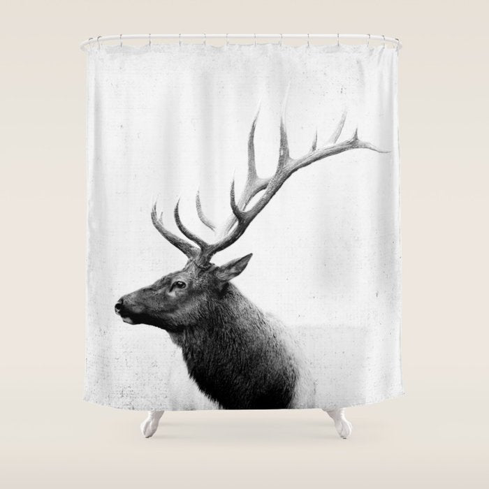 Bull Elk  Black and White Wildlife Photography Shower Curtain Gallery Image 1