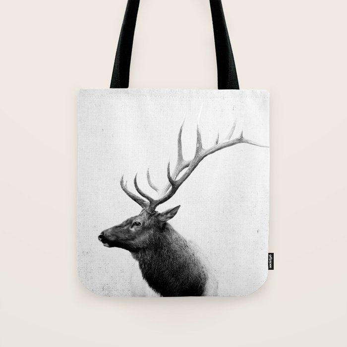 Bull Elk  Black and White Wildlife Photography Tote Bag Gallery Image 1