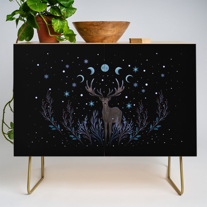 Deer in Winter Night Forest Credenza Gallery Image 1