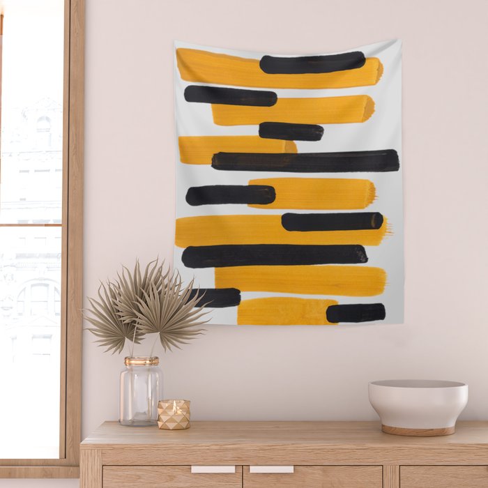 Mid Century Abstract Black & Yellow Fun Pattern Mustard Striped Primitive Stripes Wall Tapestry Gallery Image 2