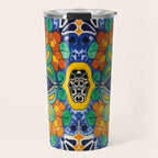 Maximalist leaves mexican flowers talavera pottery blue azulejo tile Travel Mug Gallery Image 1
