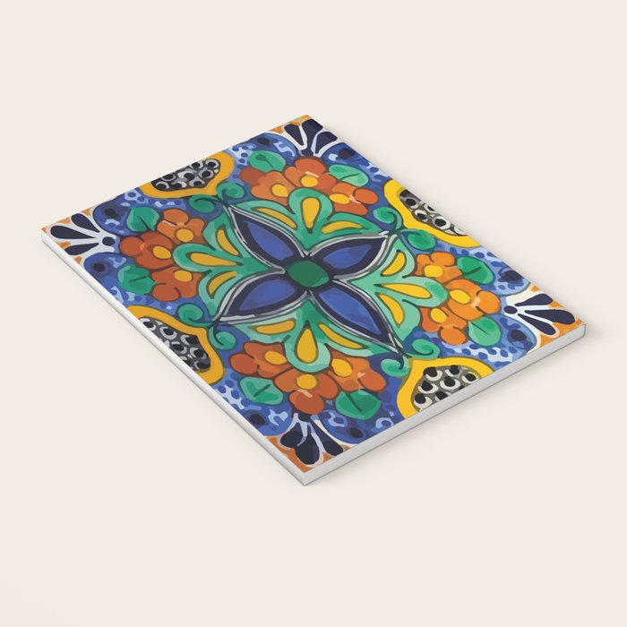 Maximalist leaves mexican flowers talavera pottery blue azulejo tile Notebook Gallery Image 3