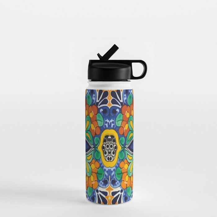 Maximalist leaves mexican flowers talavera pottery blue azulejo tile Water Bottle Gallery Image 1