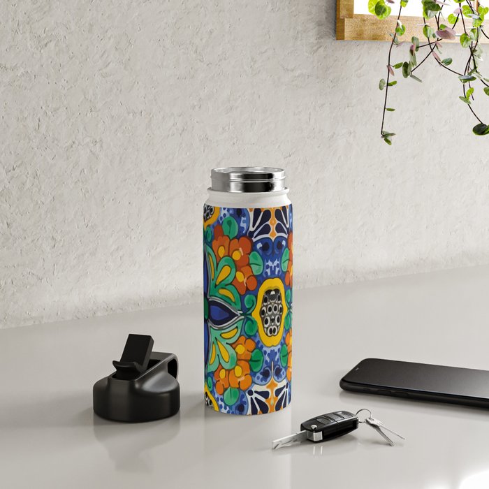 Maximalist leaves mexican flowers talavera pottery blue azulejo tile Water Bottle Gallery Image 4