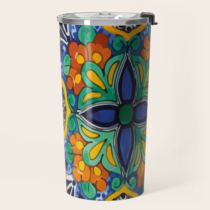 Maximalist leaves mexican flowers talavera pottery blue azulejo tile Travel Mug Gallery Image 2