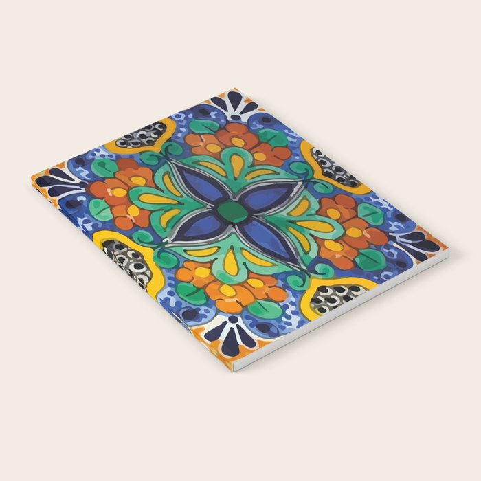 Maximalist leaves mexican flowers talavera pottery blue azulejo tile Notebook Gallery Image 1