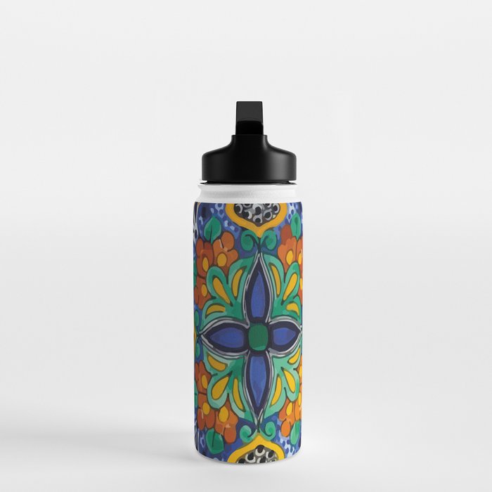 Maximalist leaves mexican flowers talavera pottery blue azulejo tile Water Bottle Gallery Image 3