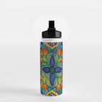 Maximalist leaves mexican flowers talavera pottery blue azulejo tile Water Bottle Gallery Image 2