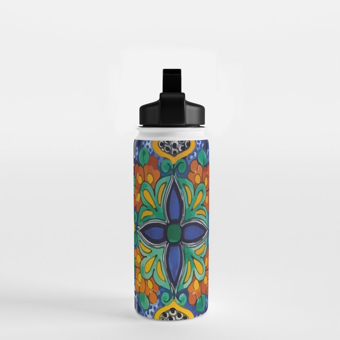 Maximalist leaves mexican flowers talavera pottery blue azulejo tile Water Bottle Gallery Image 2