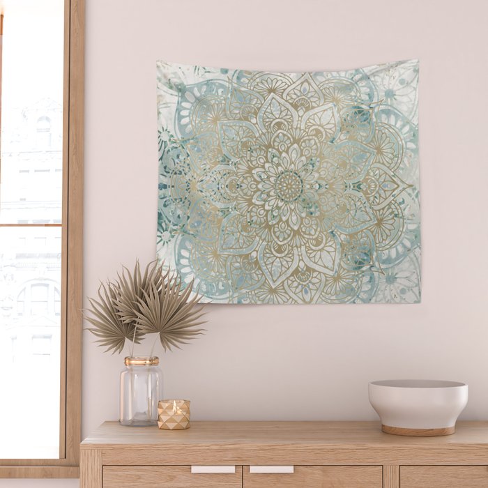 Yoga, Mandala, Teal and Gold, Wall Art Boho Wall Tapestry Gallery Image 2