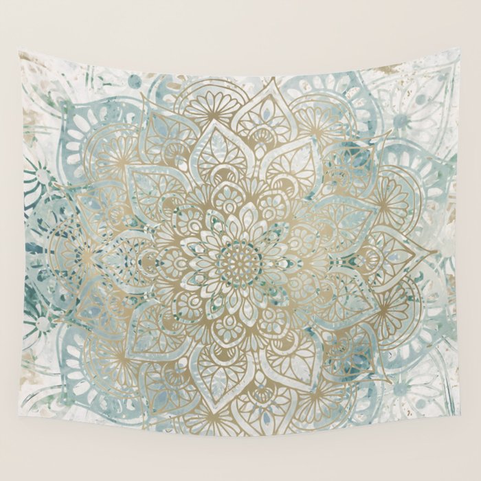 Yoga, Mandala, Teal and Gold, Wall Art Boho Wall Tapestry Gallery Image 4