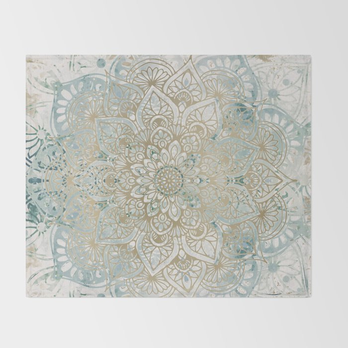 Yoga, Mandala, Teal and Gold, Wall Art Boho Throw Blanket Gallery Image 2