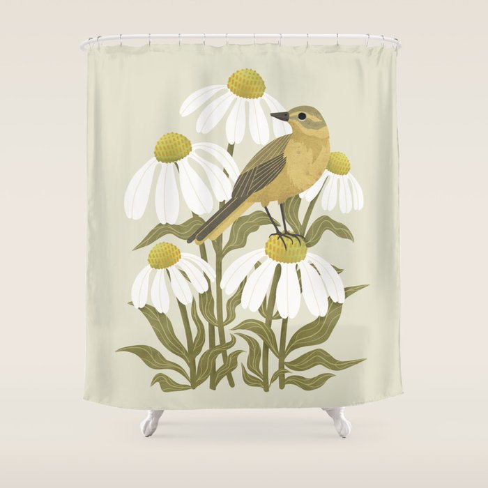 Yellow Wagtail on White Coneflowers  Shower Curtain Gallery Image 1