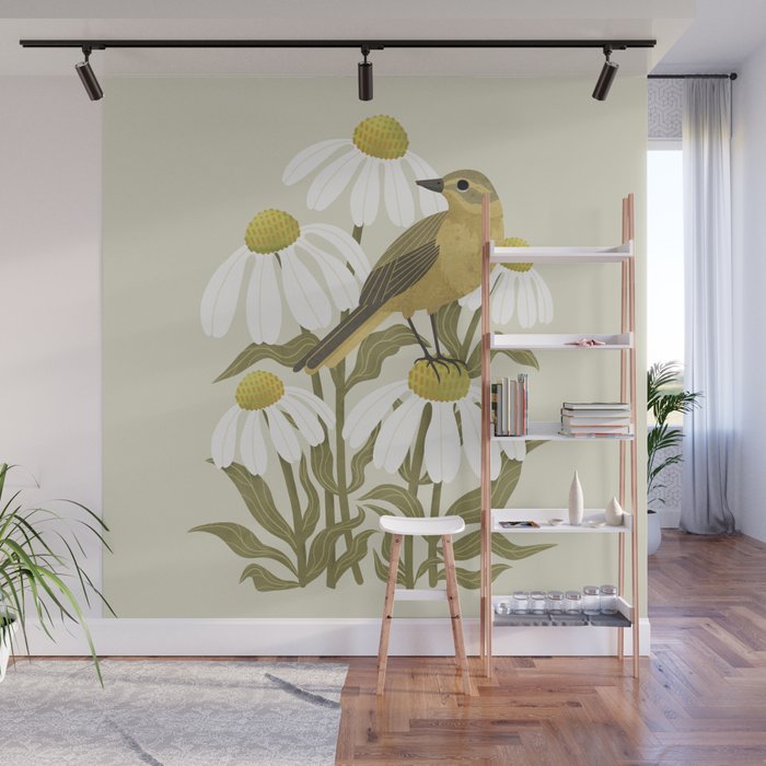 Yellow Wagtail on White Coneflowers  Wall Mural Gallery Image 1