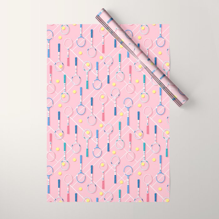 Collection of Retro Tennis Racquets on Pink Wrapping Paper Gallery Image 1