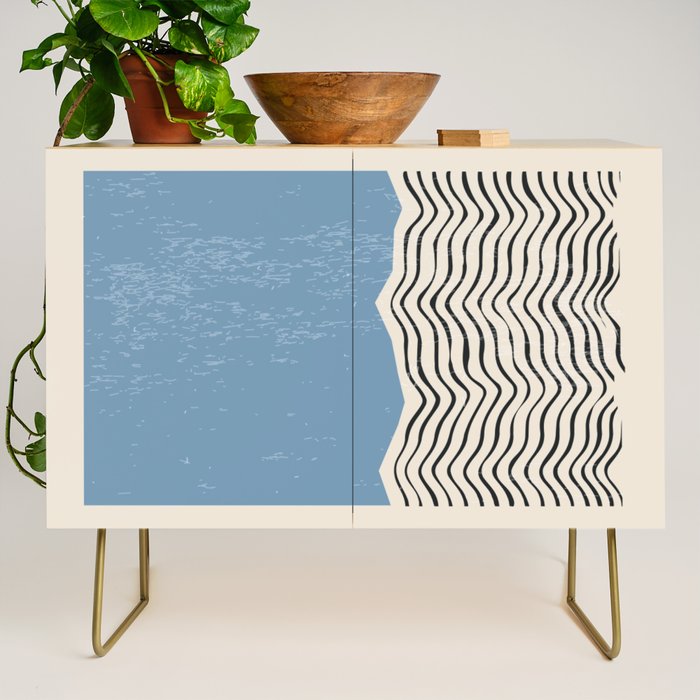 Mid Century Modern Minimalist Blue Waves Rothko Inspired Color Field With Lines Geometric Style  Credenza Gallery Image 1