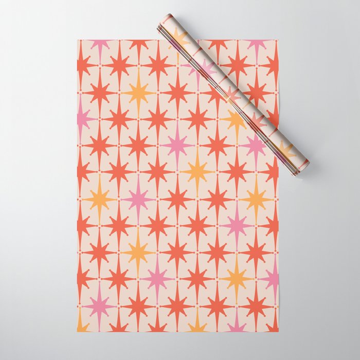 Midcentury Modern Atomic Starburst Pattern Pink Orange Wrapping Paper Gallery Image 1