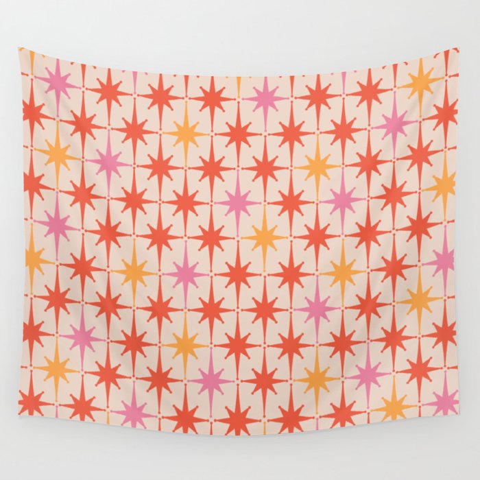 Midcentury Modern Atomic Starburst Pattern Pink Orange Wall Tapestry Gallery Image 4