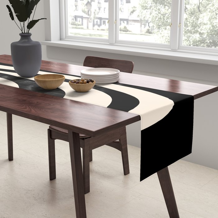 Tiki Minimalist Mid-Century Modern Abstract Pattern Black and Almond Cream Table Runner Gallery Image 2