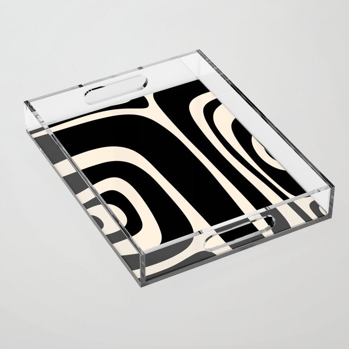 Tiki Minimalist Mid-Century Modern Abstract Pattern Black and Almond Cream Acrylic Tray Gallery Image 1
