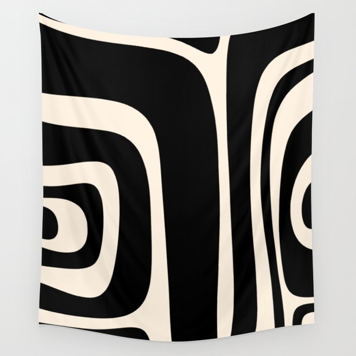 Tiki Minimalist Mid-Century Modern Abstract Pattern Black and Almond Cream Wall Tapestry Gallery Image 1