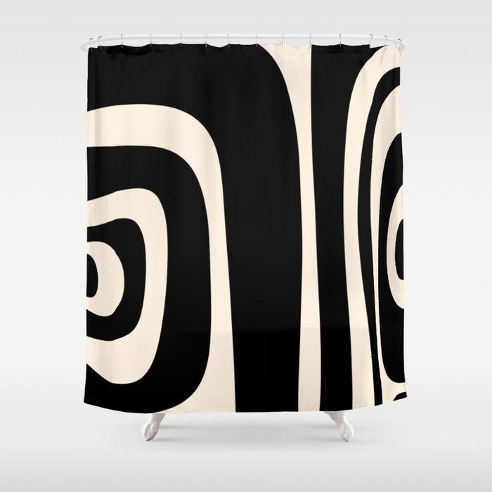 Tiki Minimalist Mid-Century Modern Abstract Pattern Black and Almond Cream Shower Curtain Gallery Image 1