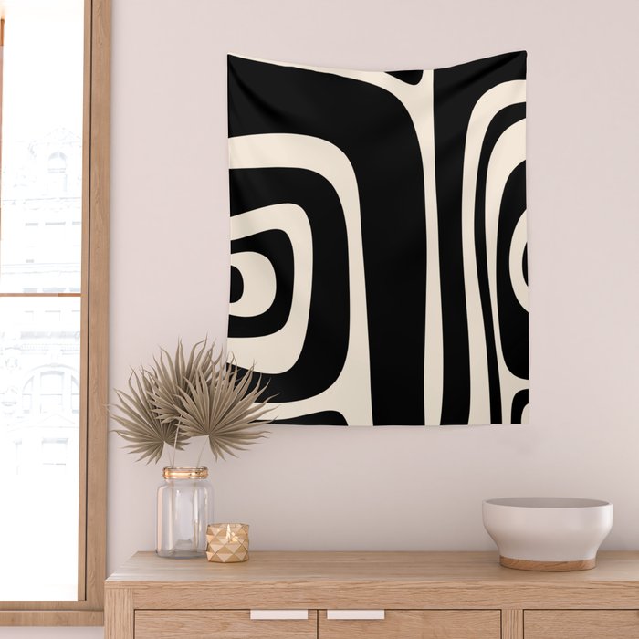 Tiki Minimalist Mid-Century Modern Abstract Pattern Black and Almond Cream Wall Tapestry Gallery Image 2