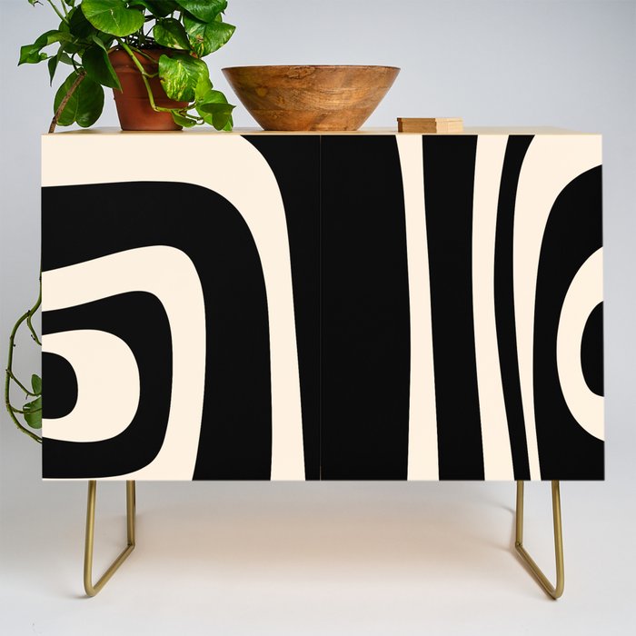 Tiki Minimalist Mid-Century Modern Abstract Pattern Black and Almond Cream Credenza Gallery Image 1