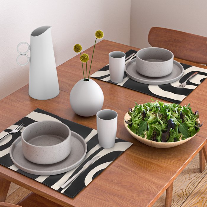 Tiki Minimalist Mid-Century Modern Abstract Pattern Black and Almond Cream Placemat Gallery Image 2