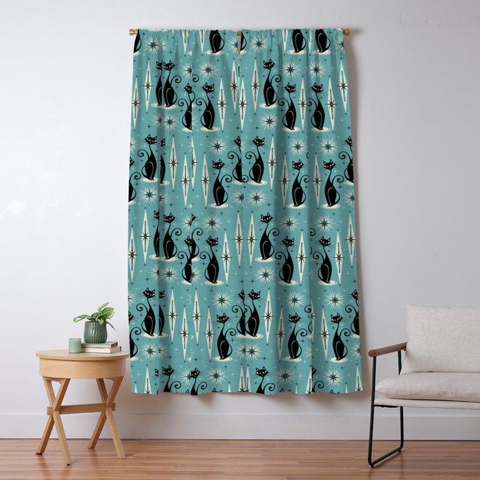 Mid Century Meow Retro Atomic Cats on Blue Window Curtain Gallery Image 5