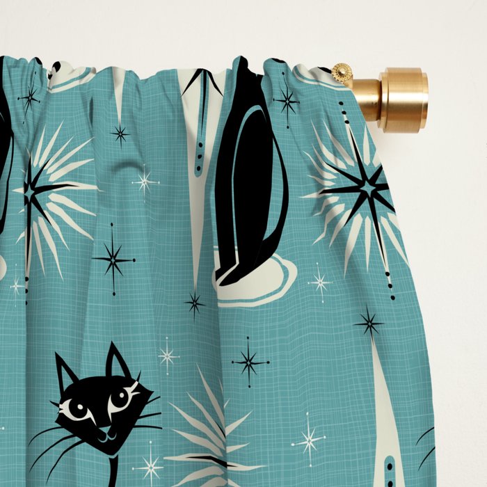 Mid Century Meow Retro Atomic Cats on Blue Window Curtain Gallery Image 2