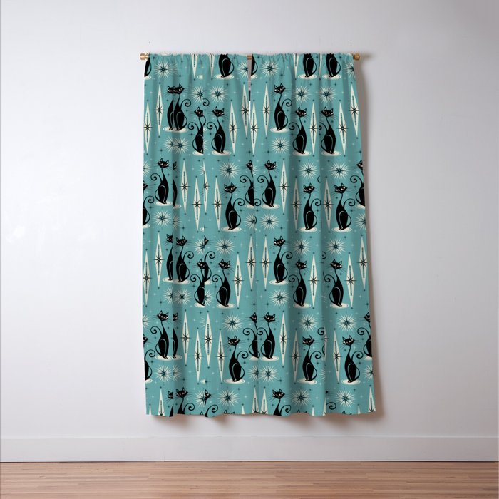 Mid Century Meow Retro Atomic Cats on Blue Window Curtain Gallery Image 3