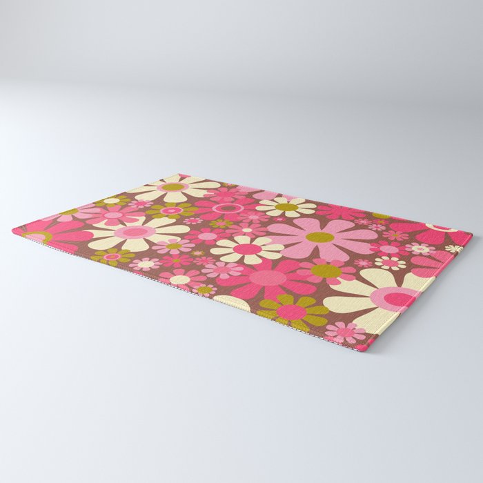 Groovy Retro Floral Garden 60s 70s Pattern in Pink Avocado Brown  Rug Gallery Image 3