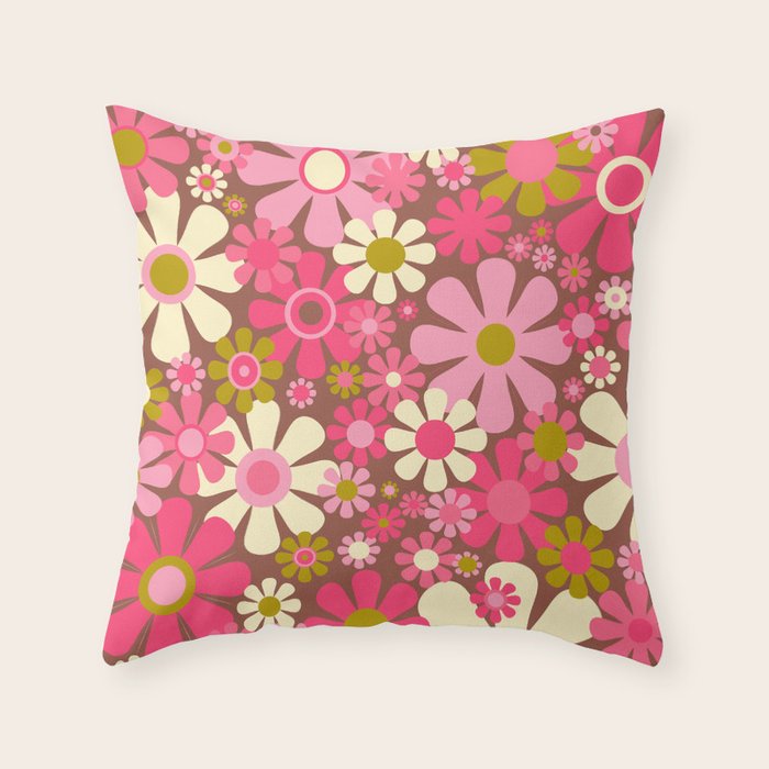 Groovy Retro Floral Garden 60s 70s Pattern in Pink Avocado Brown  Throw Pillow Gallery Image 6