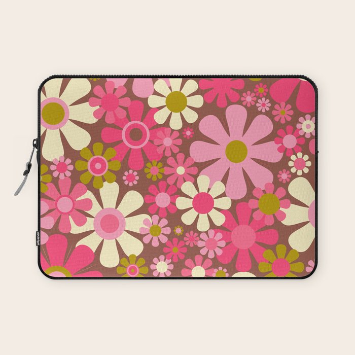 Groovy Retro Floral Garden 60s 70s Pattern in Pink Avocado Brown  Laptop Sleeve Gallery Image 1