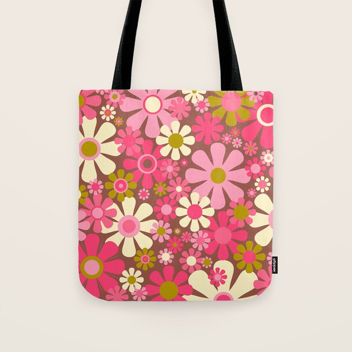 Groovy Retro Floral Garden 60s 70s Pattern in Pink Avocado Brown  Tote Bag Gallery Image 1