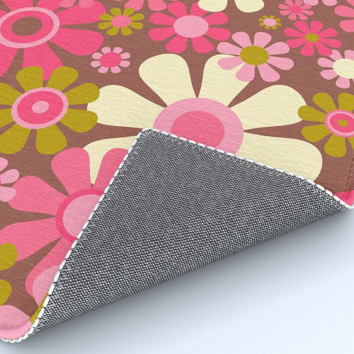 Groovy Retro Floral Garden 60s 70s Pattern in Pink Avocado Brown  Rug Gallery Image 4
