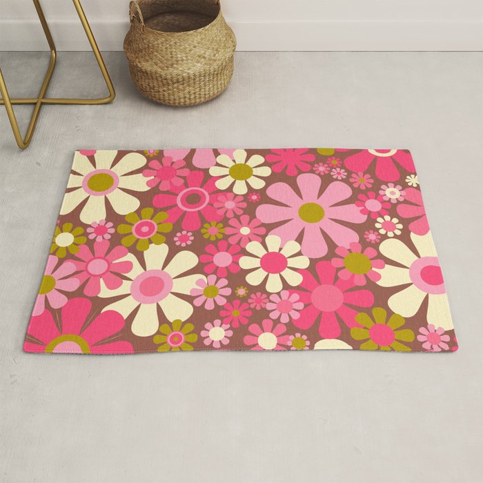 Groovy Retro Floral Garden 60s 70s Pattern in Pink Avocado Brown  Rug Gallery Image 1