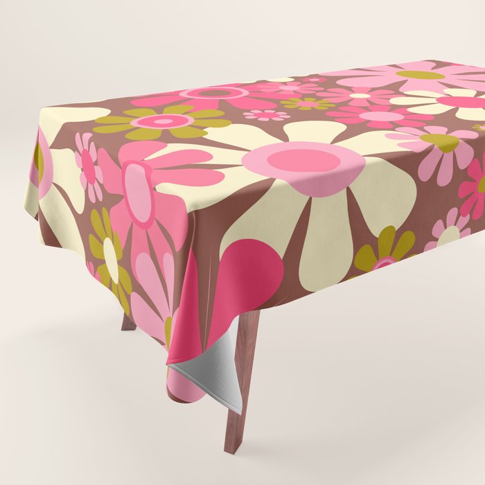 Groovy Retro Floral Garden 60s 70s Pattern in Pink Avocado Brown  Tablecloth Gallery Image 1