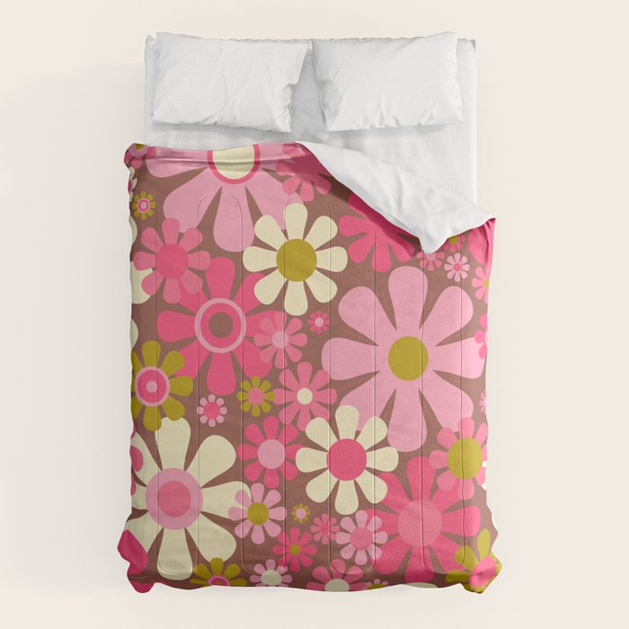 Groovy Retro Floral Garden 60s 70s Pattern in Pink Avocado Brown  Comforter Gallery Image 6