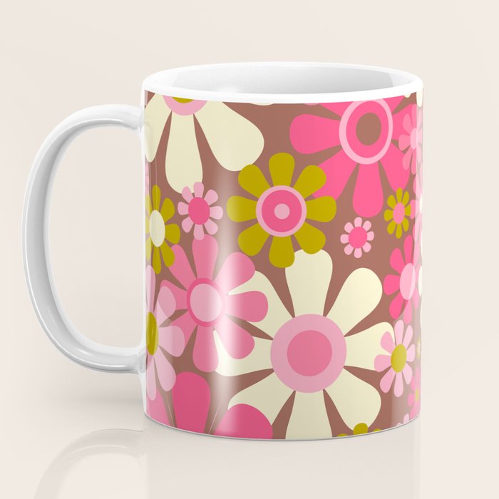 Groovy Retro Floral Garden 60s 70s Pattern in Pink Avocado Brown  Coffee Mug Gallery Image 3