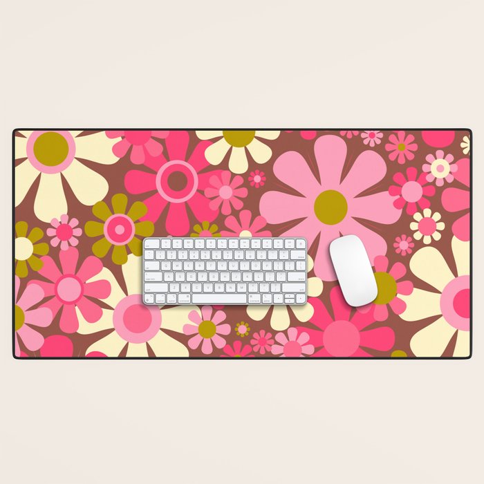 Groovy Retro Floral Garden 60s 70s Pattern in Pink Avocado Brown  Desk Mat Gallery Image 1